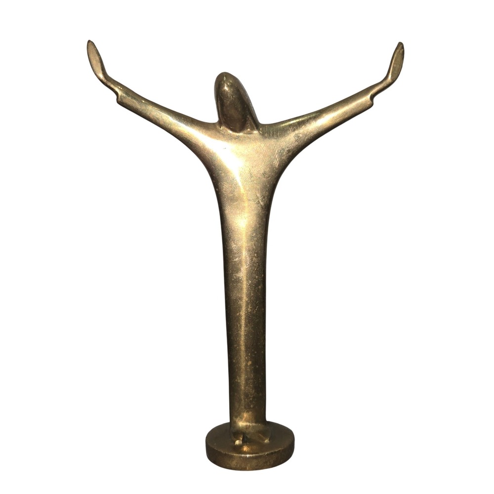 Vintage Brass Figurine Minimalist Human Christ Statue Arms Raised Decor 5.5"
